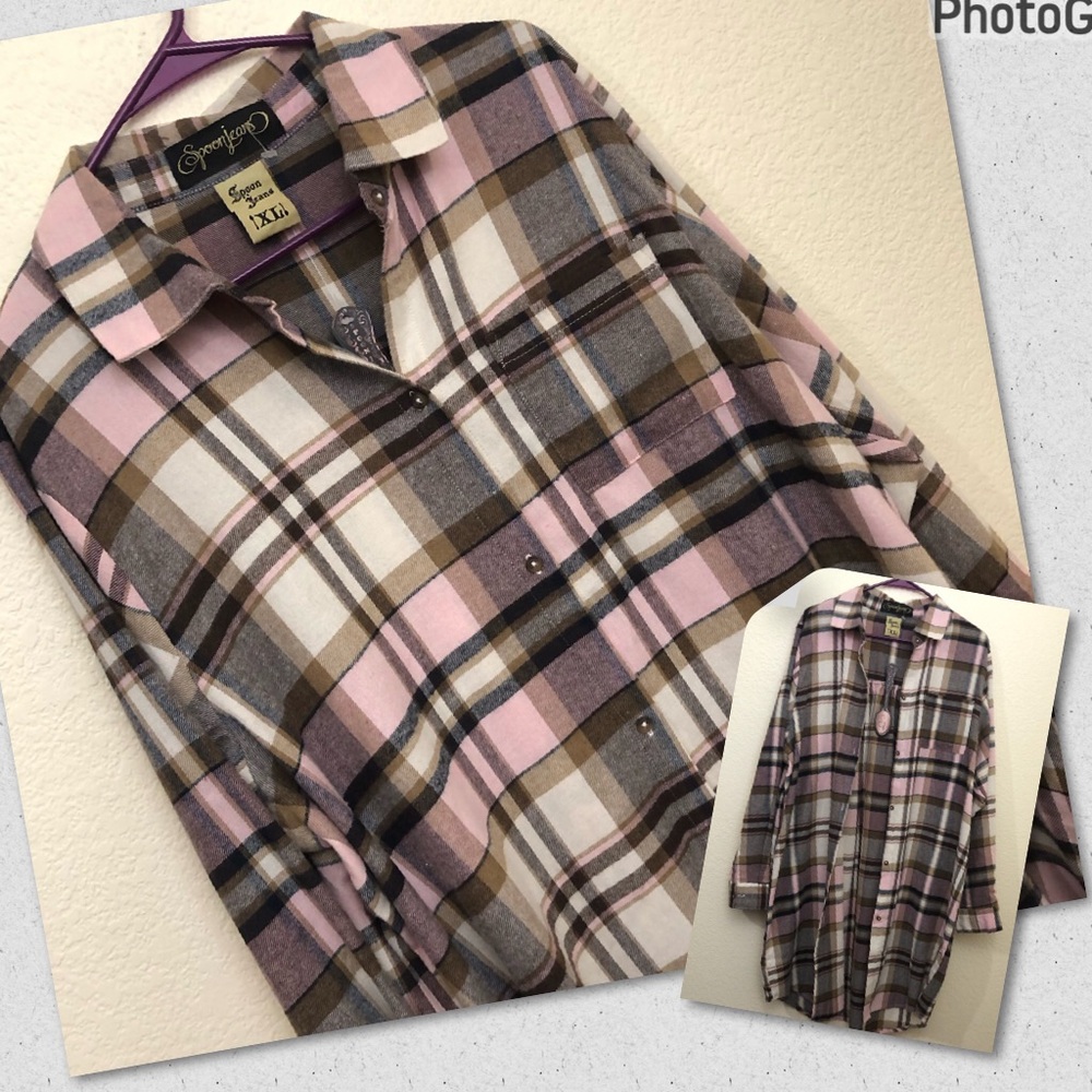 SPOON JEANS Womens XL Long Flannel Button Front Shirt Multicolor Plaid NWT